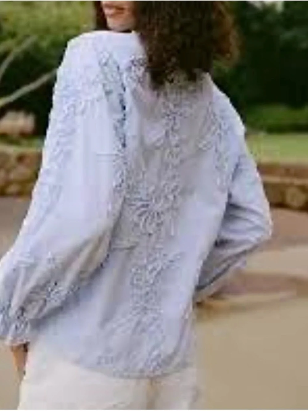 Zara embossed floral Light Blue V-Neck vertical stripe blouse with ruffle sleeve - Picture 8 of 9